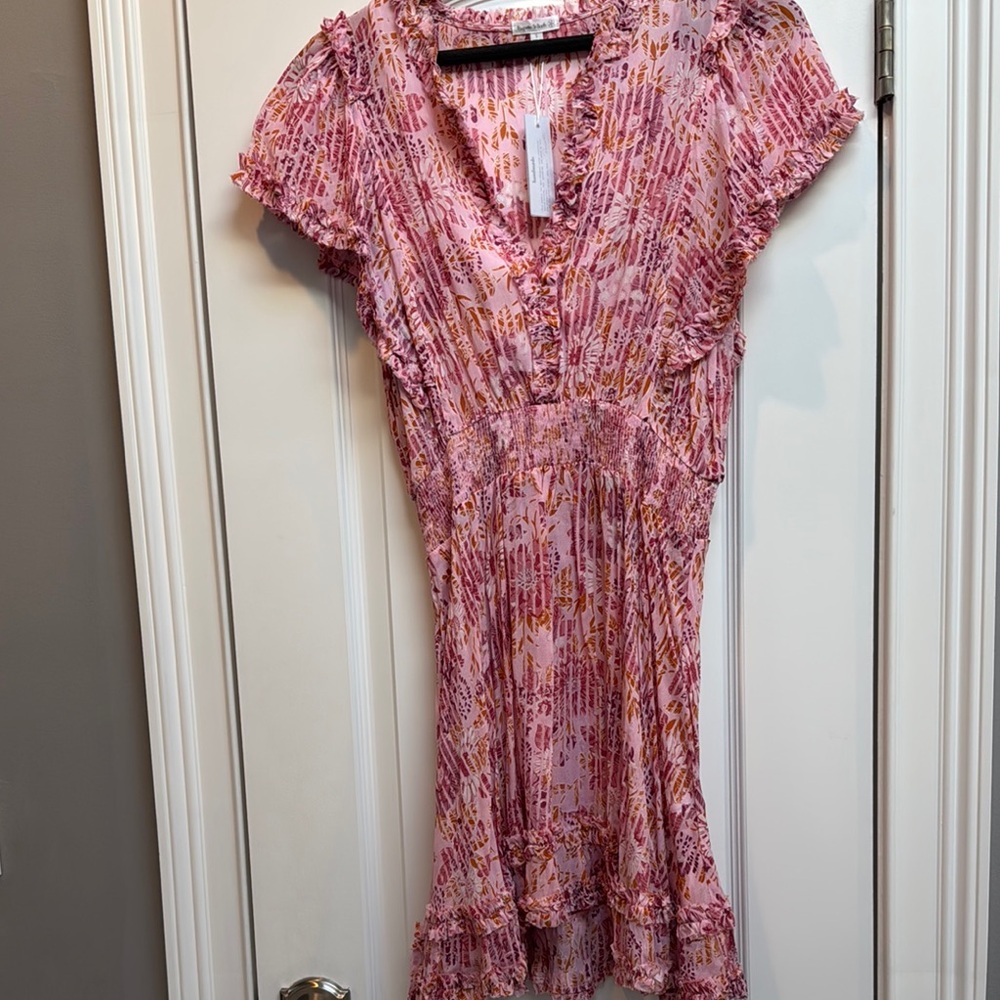 Poupette St. Barth Pink Flutter Sleeve Wrap Mini Dress